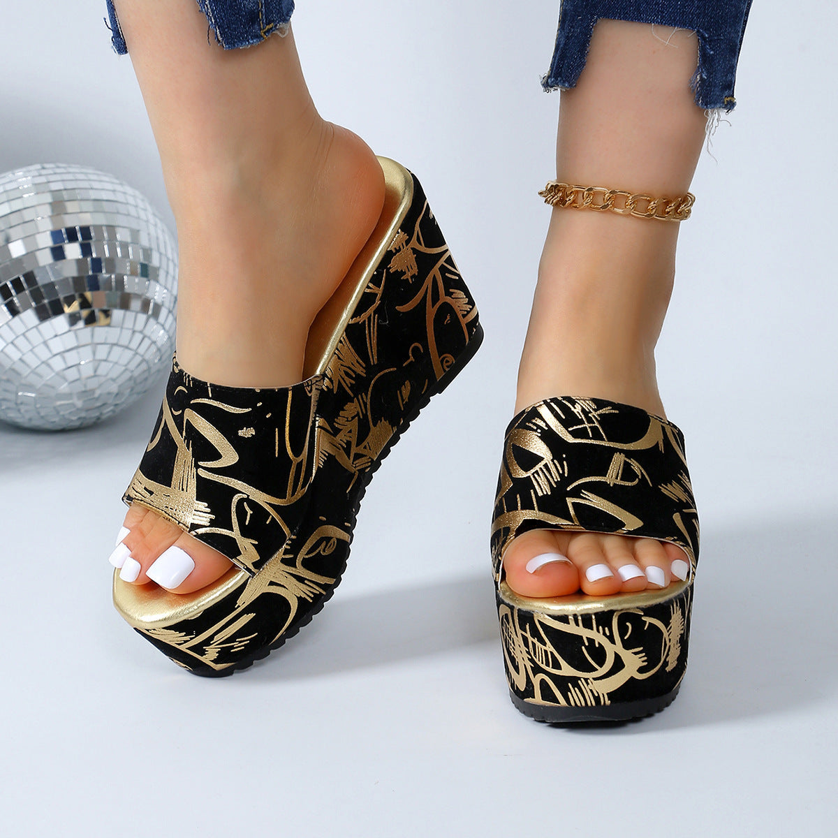 Sandales compensés imprimés à bout rond - Chic&Shines