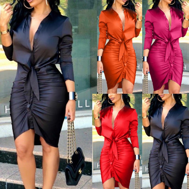 Robe chemise mi-longue à lacets et manches longues élégante - Chic&Shines