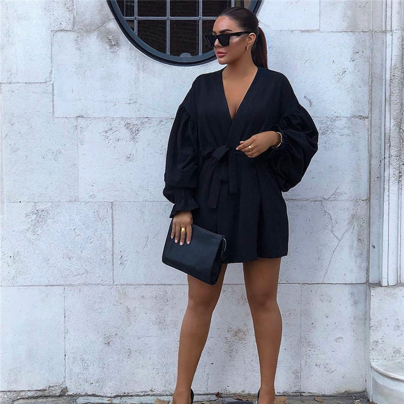 Robe courte col V à manches longues lanternes avec ceinture - Chic&Shines