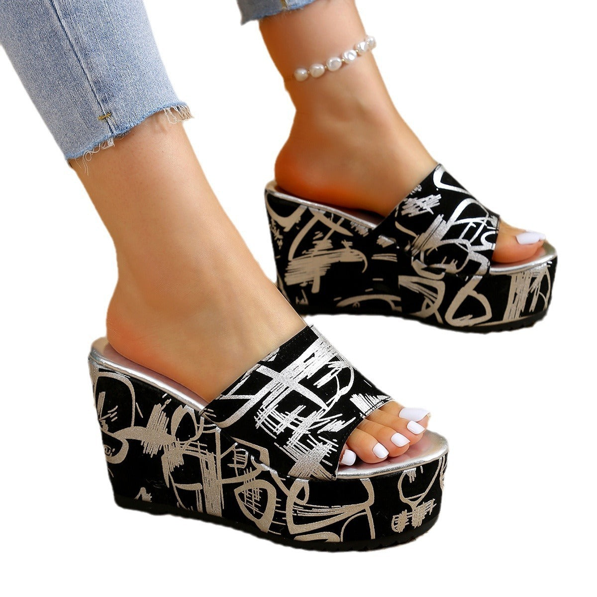Sandales compensés imprimés à bout rond - Chic&Shines