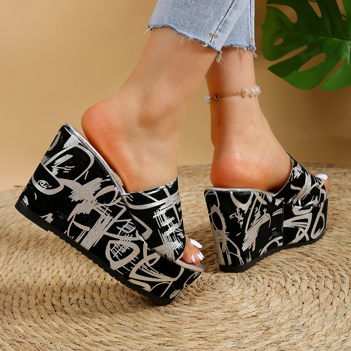 Sandales compensés imprimés à bout rond - Chic&Shines