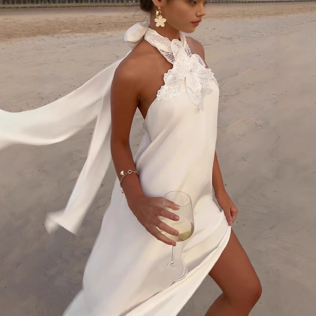 Robe longue de soirée licou en crochet dos nu - Chic&Shines