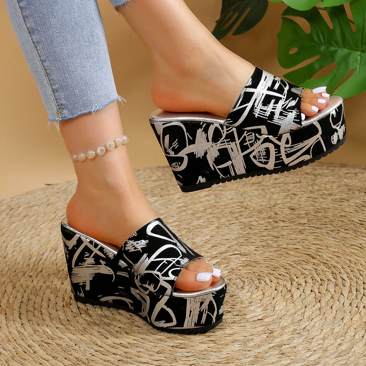 Sandales compensés imprimés à bout rond - Chic&Shines