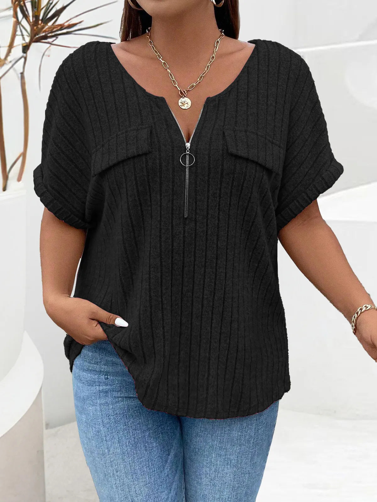 T-shirt pull amples manches courtes fermeture éclair - Chic&Shines