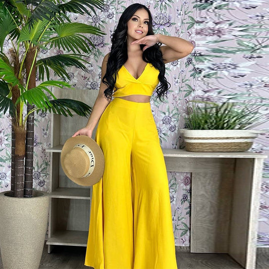 Ensemble Haut Court Col V Dos Nu Pantalon Bas Larges - Chic&Shines