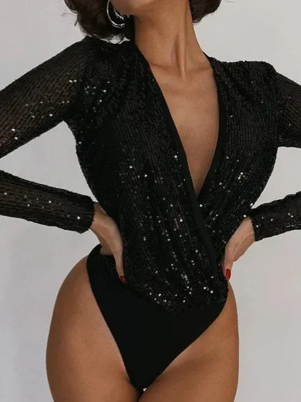 Body à manches longues et col en V à sequins - Chic&Shines