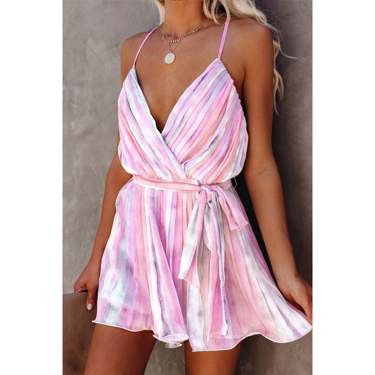 Robe courte col V À Bretelles Spaghetti En Mousseline De Soie - Chic&Shines