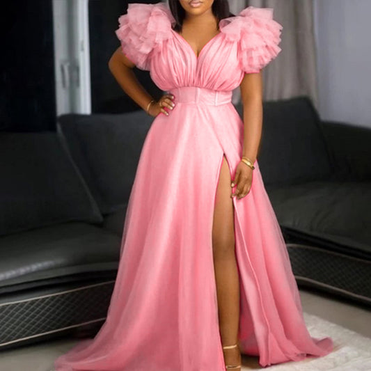 Robe De Soirée Longue Taille Haute Fendue En Maille - Chic&Shines