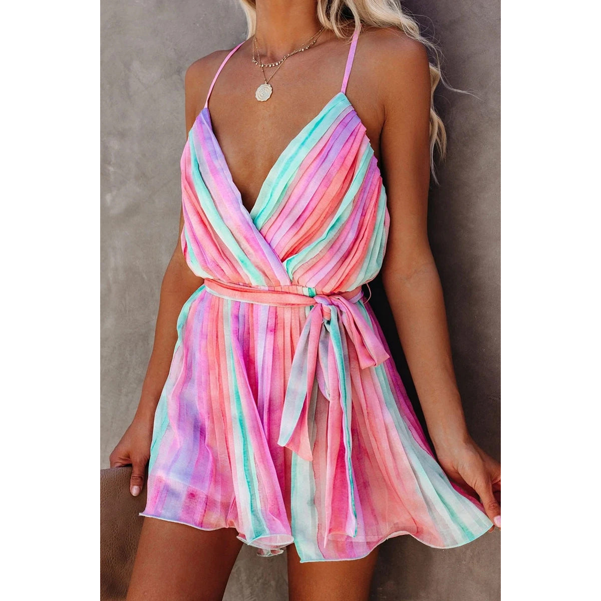 Robe courte col V À Bretelles Spaghetti En Mousseline De Soie - Chic&Shines