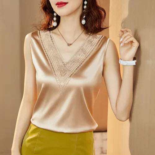 Chemisier Sans Manches Col En V En Satin Et Dentelle - Chic&Shines