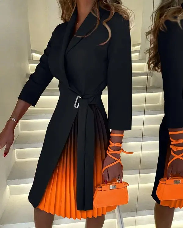 Robe courte plissée col V manches mi-longues - Chic&Shines