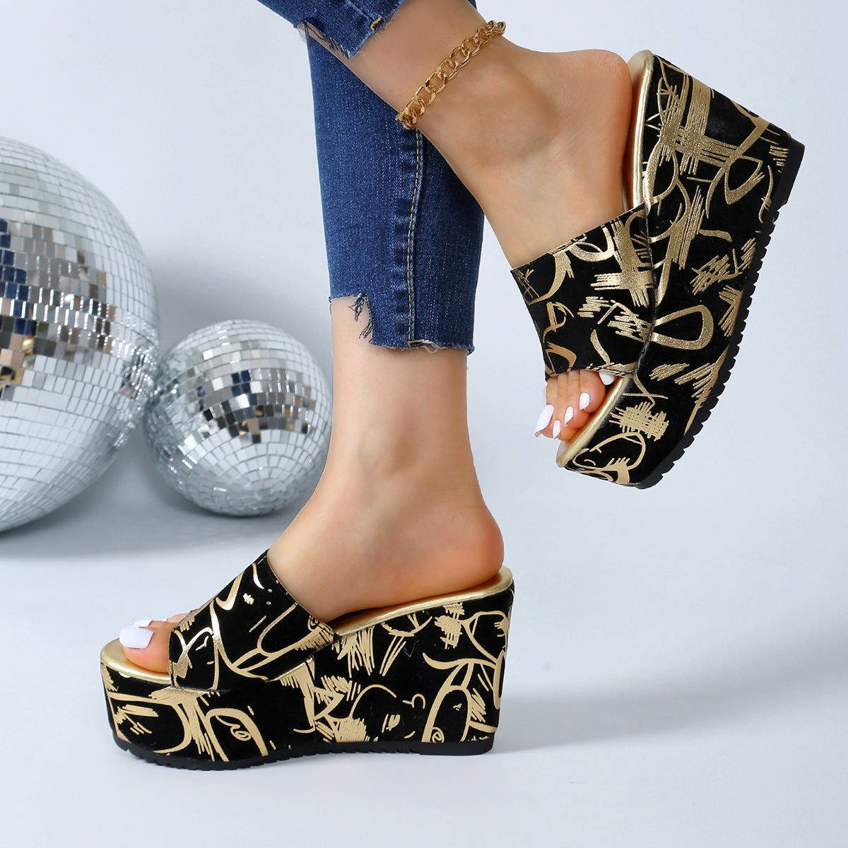 Sandales compensés imprimés à bout rond - Chic&Shines