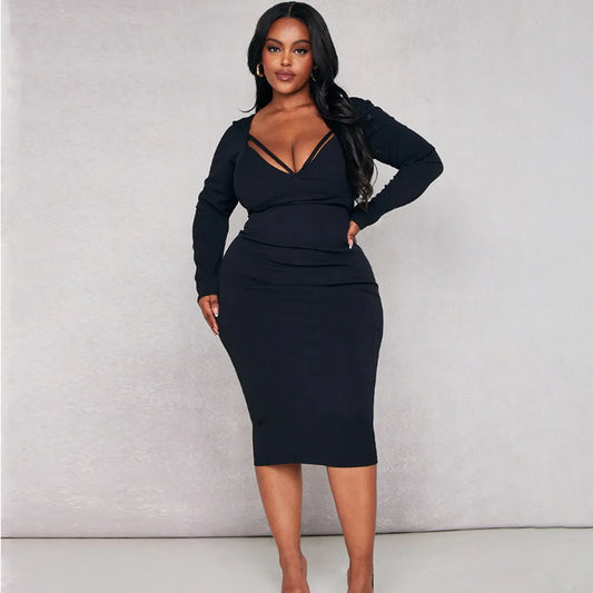 Robe mi-longue à manches longues col en V - Chic&Shines