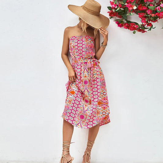 Robe mi-longue tube épaules dénudées imprimé floral - Chic&Shines