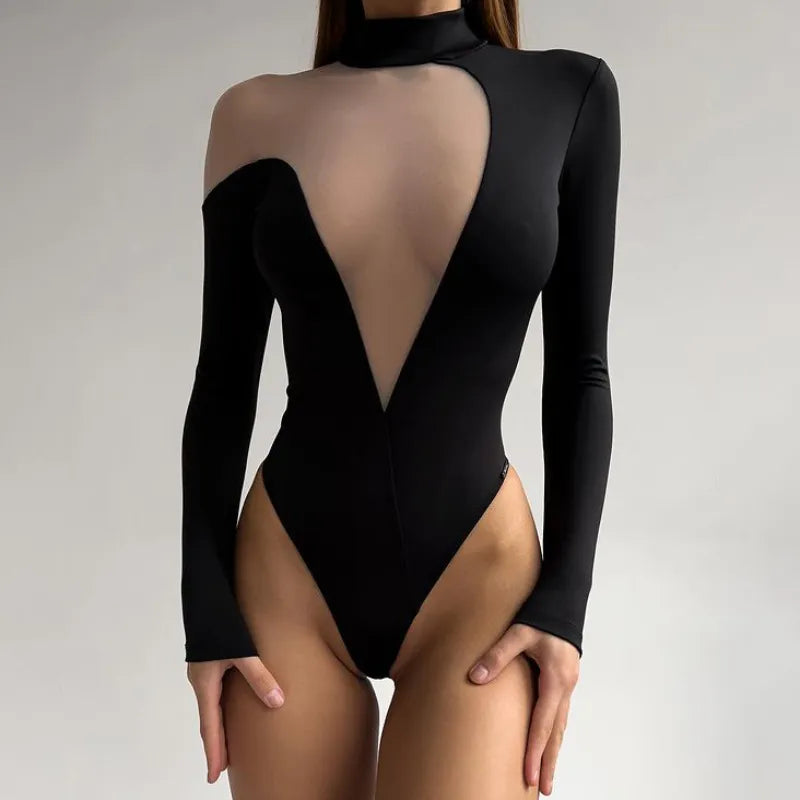 Body col haut manches longues maille transparent - Chic&Shines