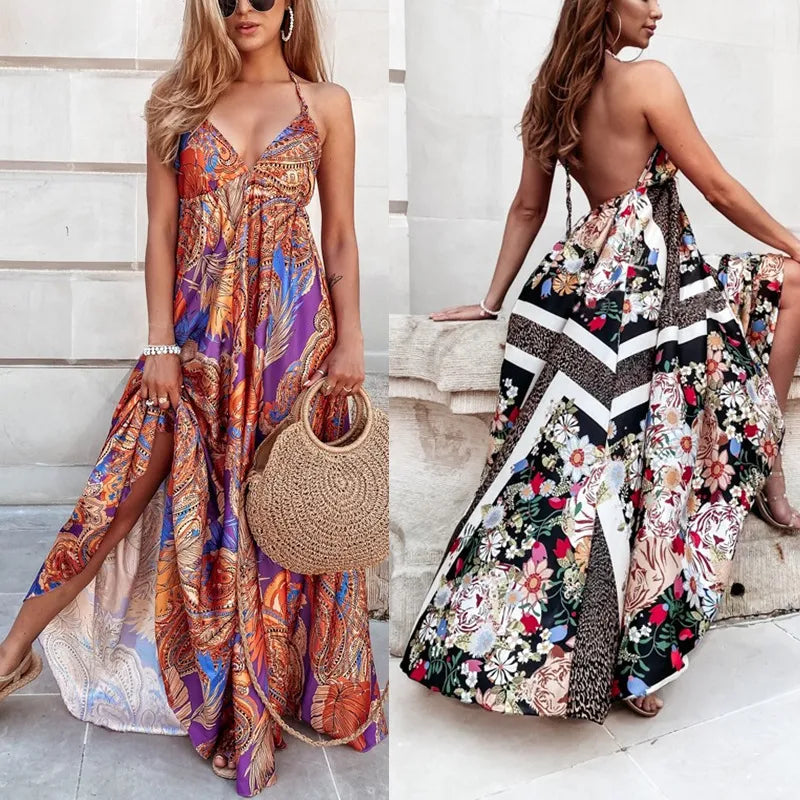 Robe Longue Licou Imprimé Floral Style Bohème - Chic&Shines