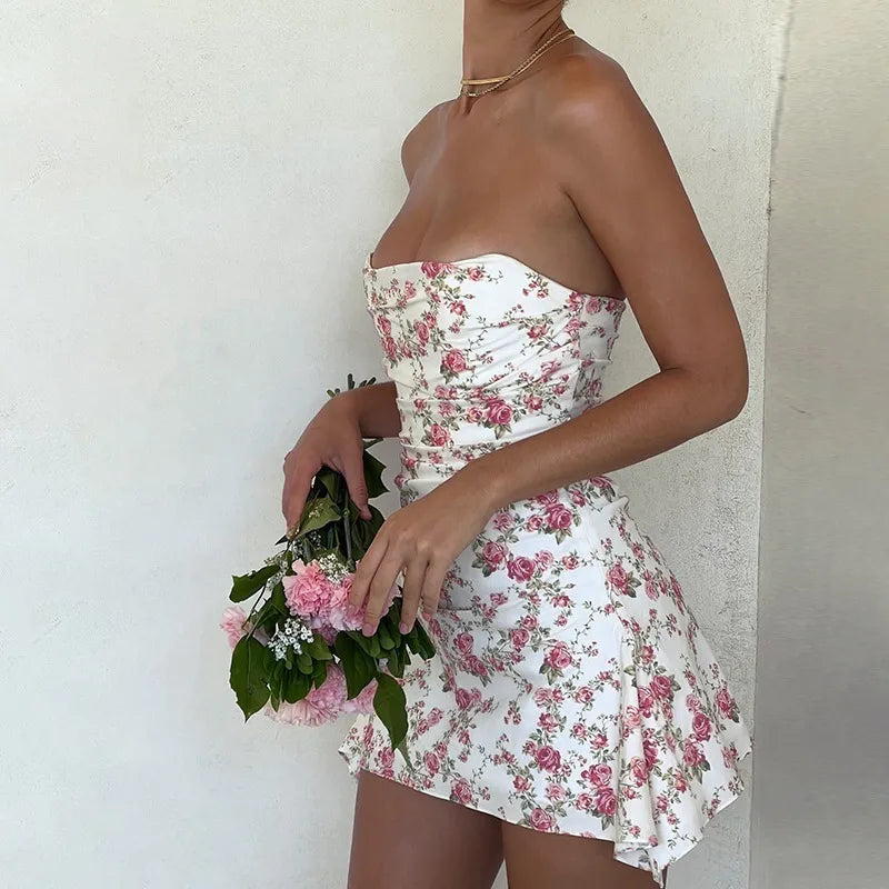 Mini Robe Bustier À Petites Fleurs - Chic&Shines