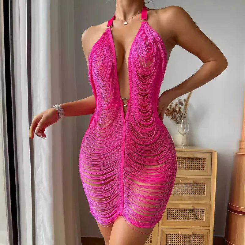 Robe Courte Col Licou Dos Nu Ligne À Franges D'été - Chic&Shines