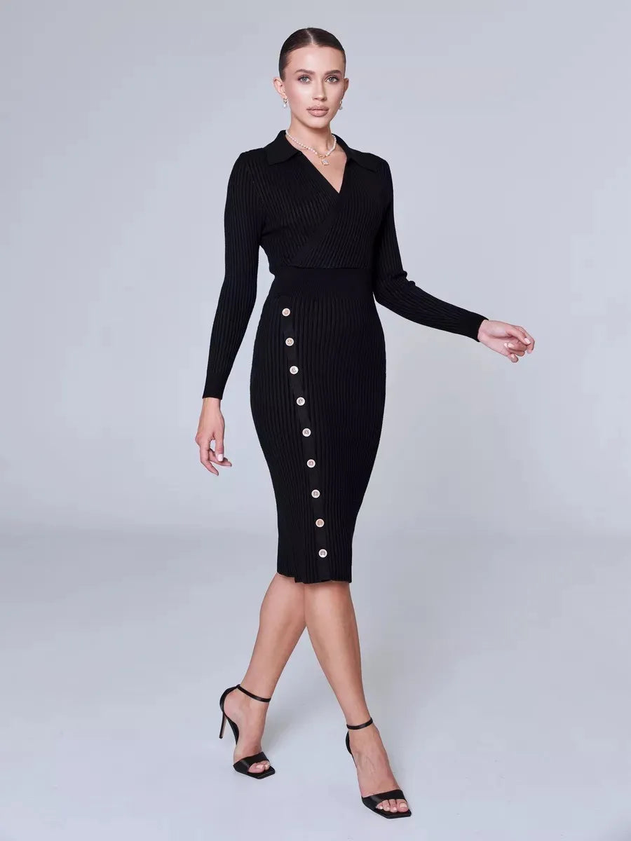 Robe pull mi-longue moulante col V - Chic&Shines