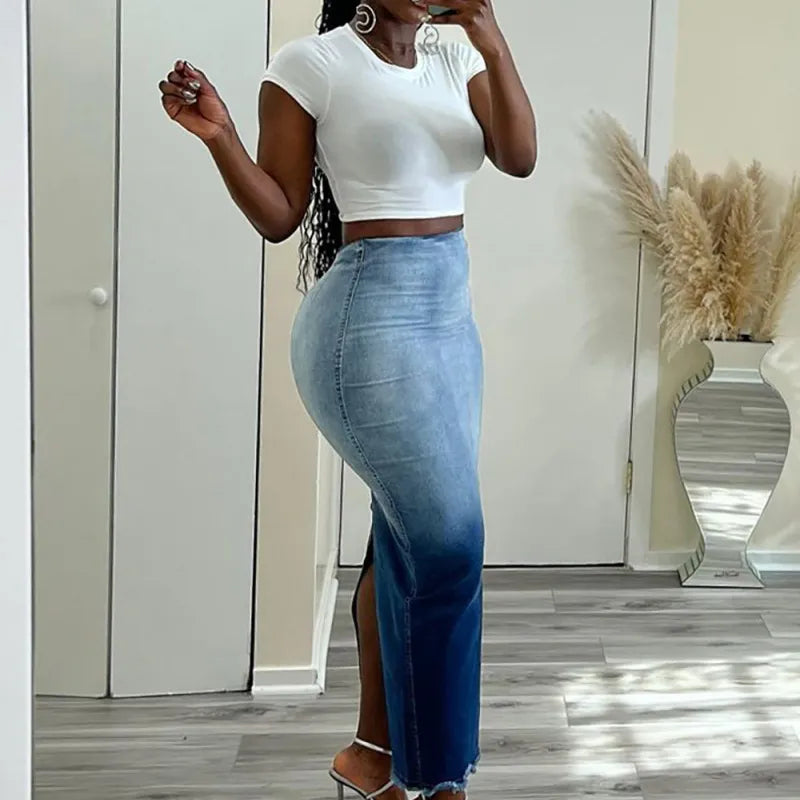 Jupe Jeans  Longue Fendue Dégradée Taille Haute - Chic&Shines