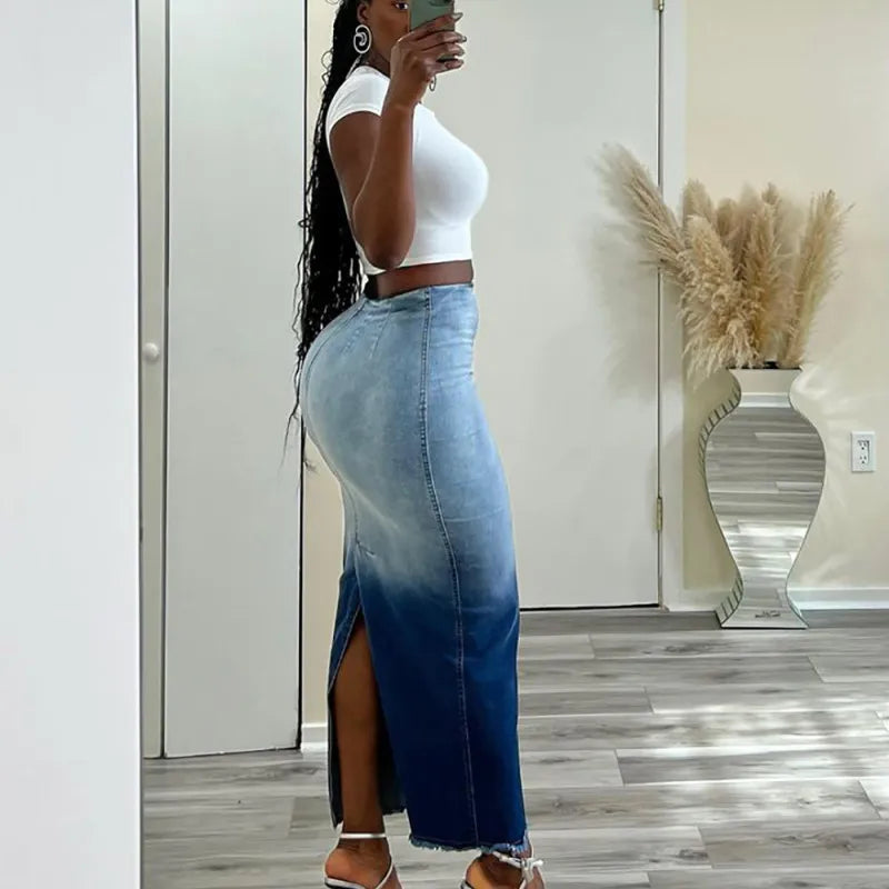 Jupe Jeans  Longue Fendue Dégradée Taille Haute - Chic&Shines