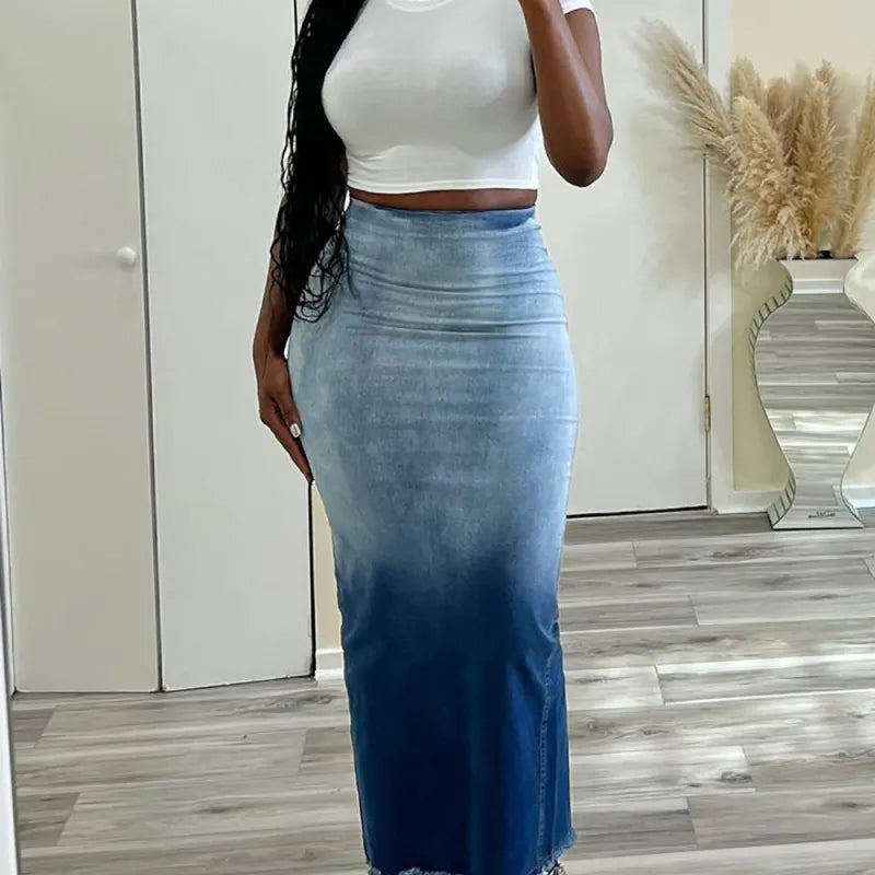 Jupe Jeans  Longue Fendue Dégradée Taille Haute - Chic&Shines