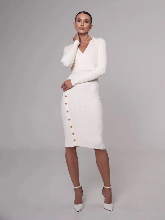 Robe pull mi-longue moulante col V - Chic&Shines