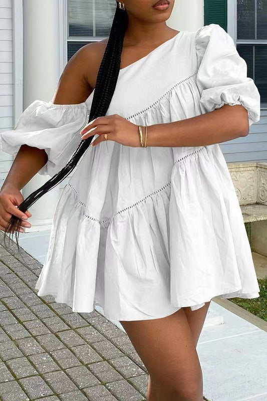 Robe Epaule Diagonale Manches Courtes Bouffantes - Chic&Shines