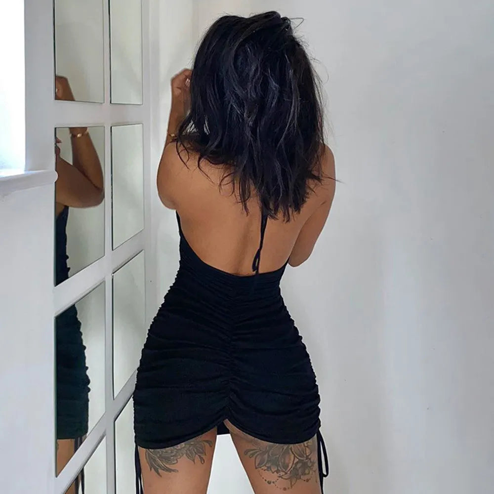 Mini Robe D'été Col Licou Dos Nu Cordon De Serrage - Chic&Shines