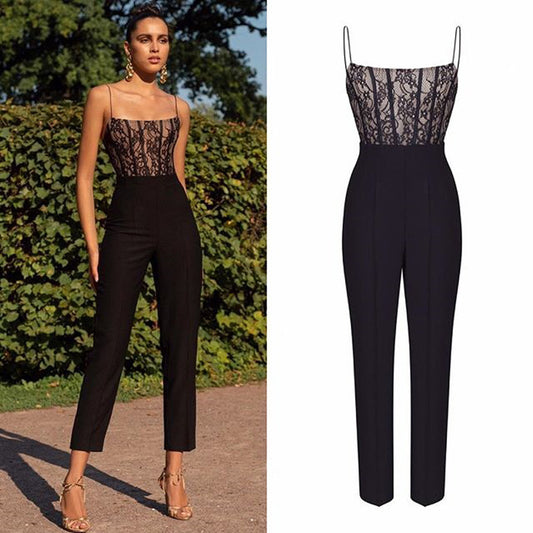 Combinaison pantalon à bretelles spaghetti en dentelle transparente - Chic&Shines