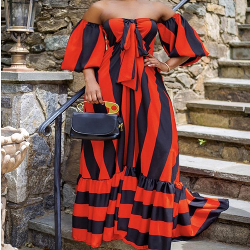 Robe longue rayée à épaules dénudées style Bohème - Chic&Shines