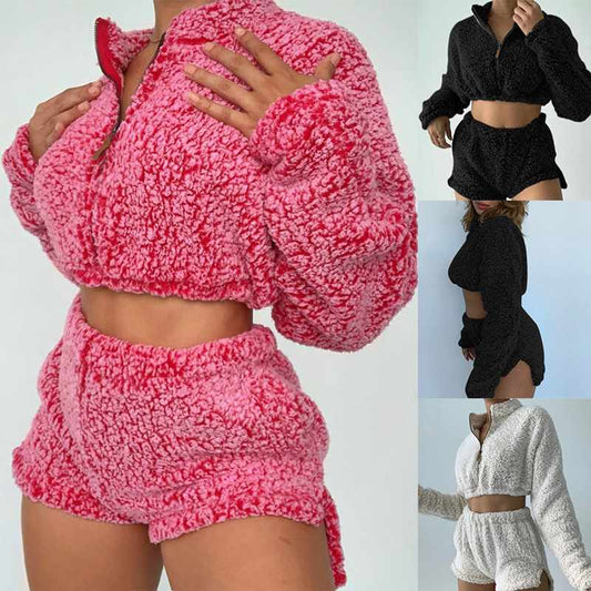 Ensemble short et haut en peluche de couleur unie - Chic&Shines