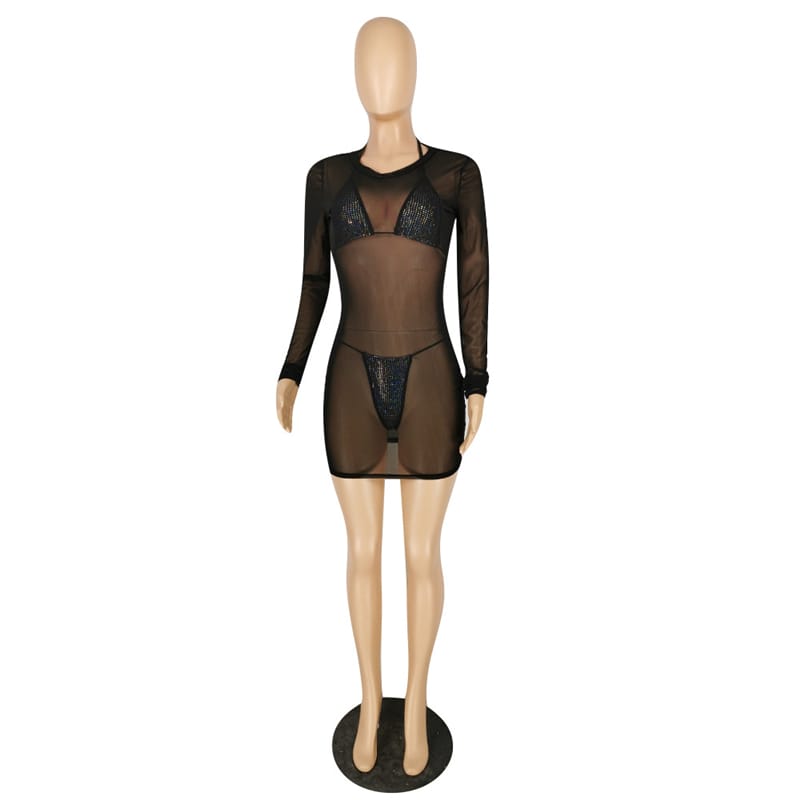 Ensemble trois pièces bikini en strass sexy et sa robe de plage transparente en maille - Chic&Shines