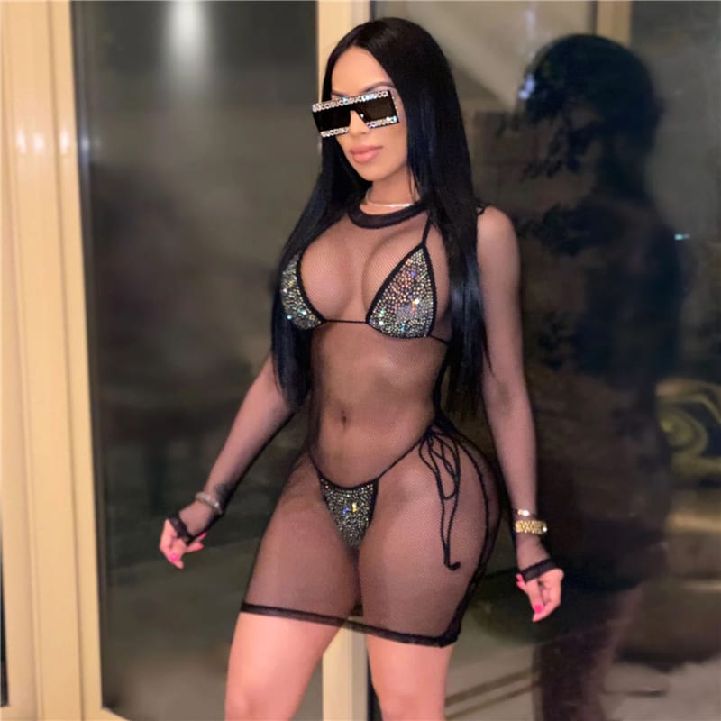 Ensemble trois pièces bikini en strass sexy et sa robe de plage transparente en maille - Chic&Shines