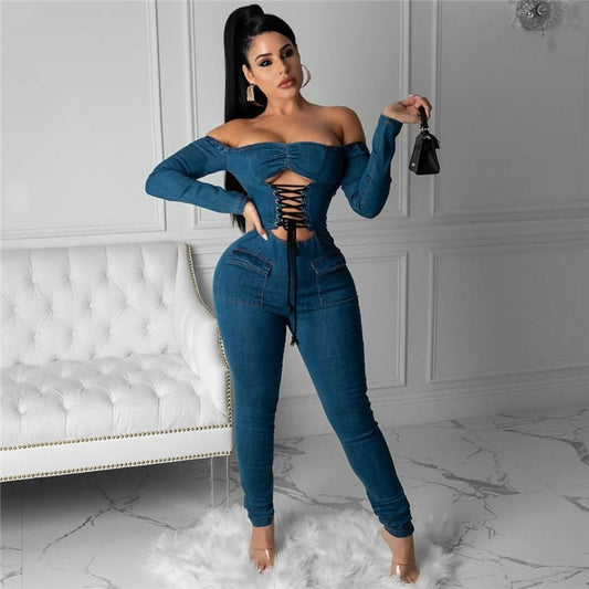 Combinaison jean bustier à manches longues moulante sexy - Chic&Shines