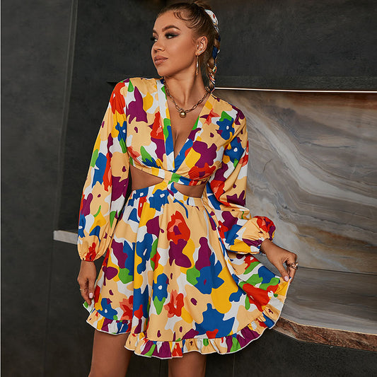 Robe courte col V manches longues coupe asymétrique dos nu - Chic&Shines