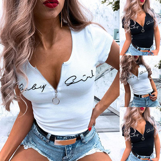 Col Rond Fermeture Éclair Lettre Broderie Manches courtes Tee Top