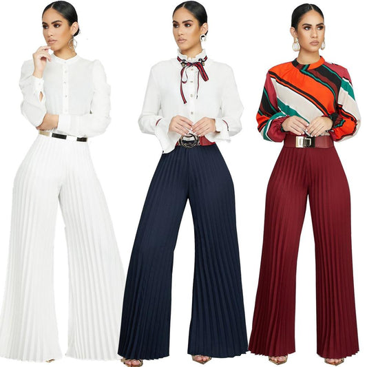Pantalon à jambe large Pli de couleur unie