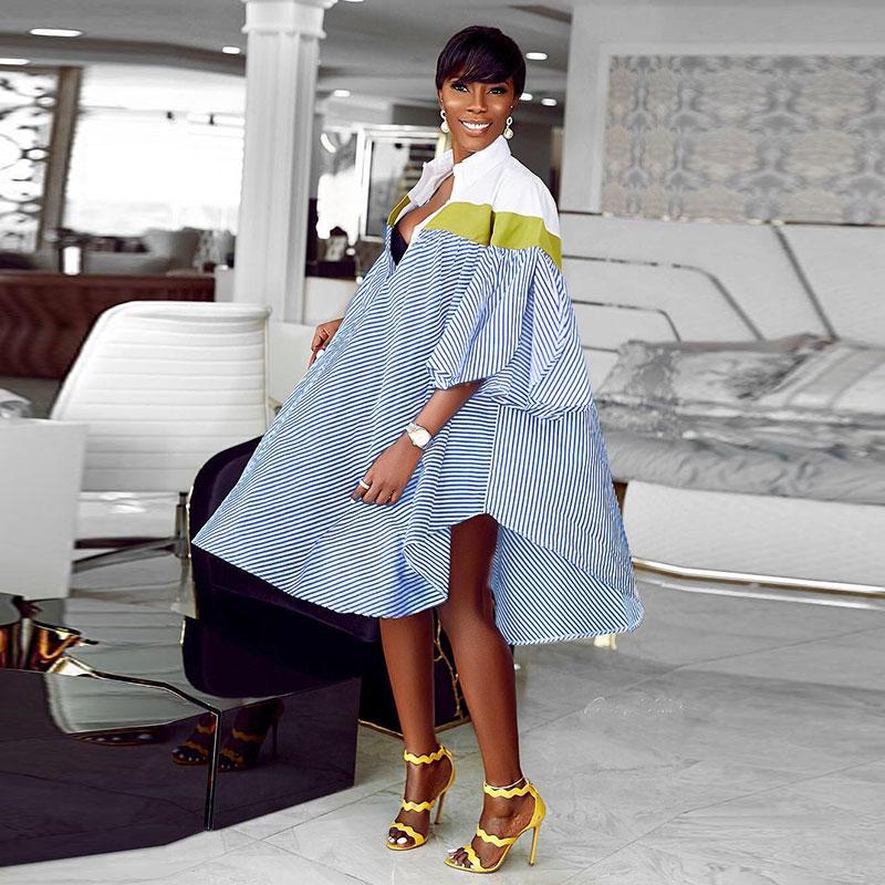 Rayures Revers Uni Poitrine Irrégulière Robe Ample