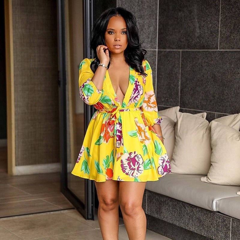 Robe Col V Manches Trois-quarts Ceinture Impression Fleurs