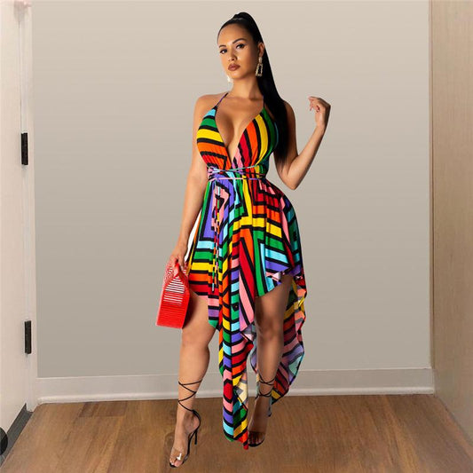 Robe Sexy décolleté Coloré Rayure Ourlet Irrégulier