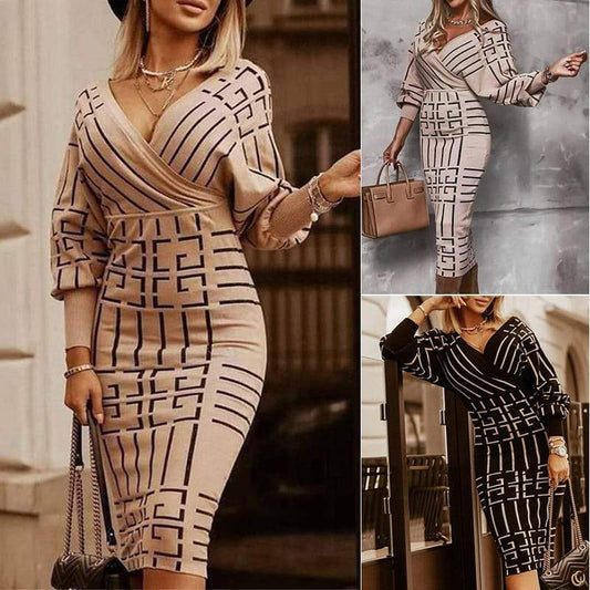 Robe mi-longue moulante à col en V et rayures sexy