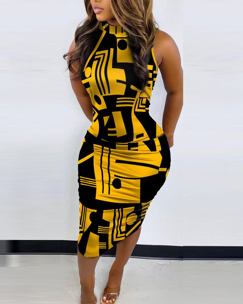 Robe moulante mi-longue col rond sans manches imprimé - Chic&Shines