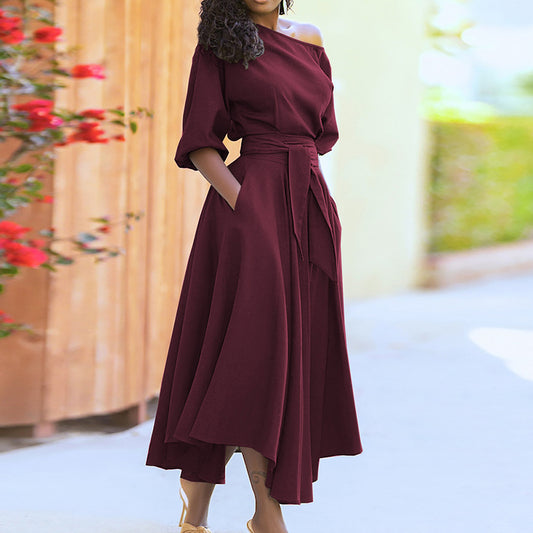 Robe longue irrégulière épaule inclinée manches longues lanterne - Chic&Shines