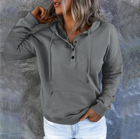 Sweat à capuche manches longues col à bouton - Chic&Shines