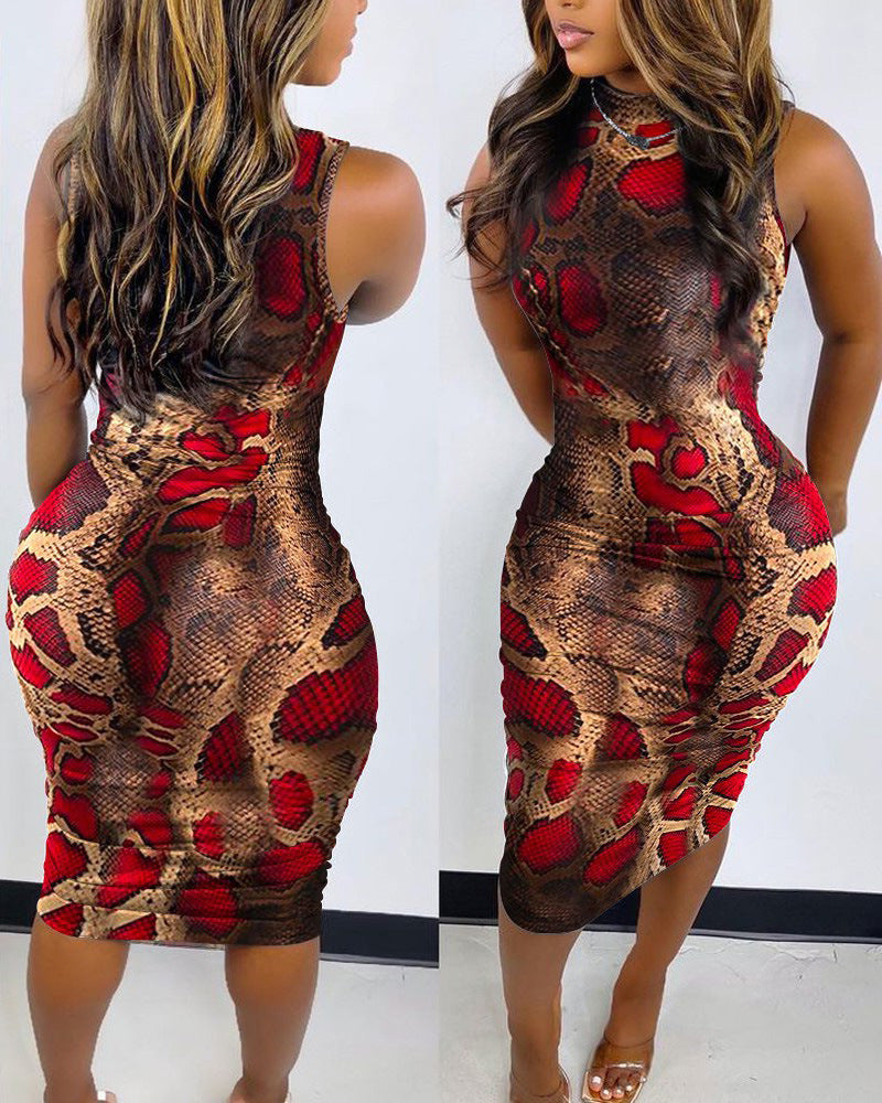 Robe moulante mi-longue col rond sans manches imprimé - Chic&Shines