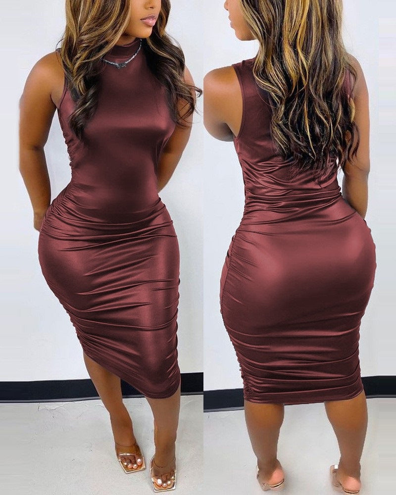 Robe moulante mi-longue col rond sans manches imprimé - Chic&Shines