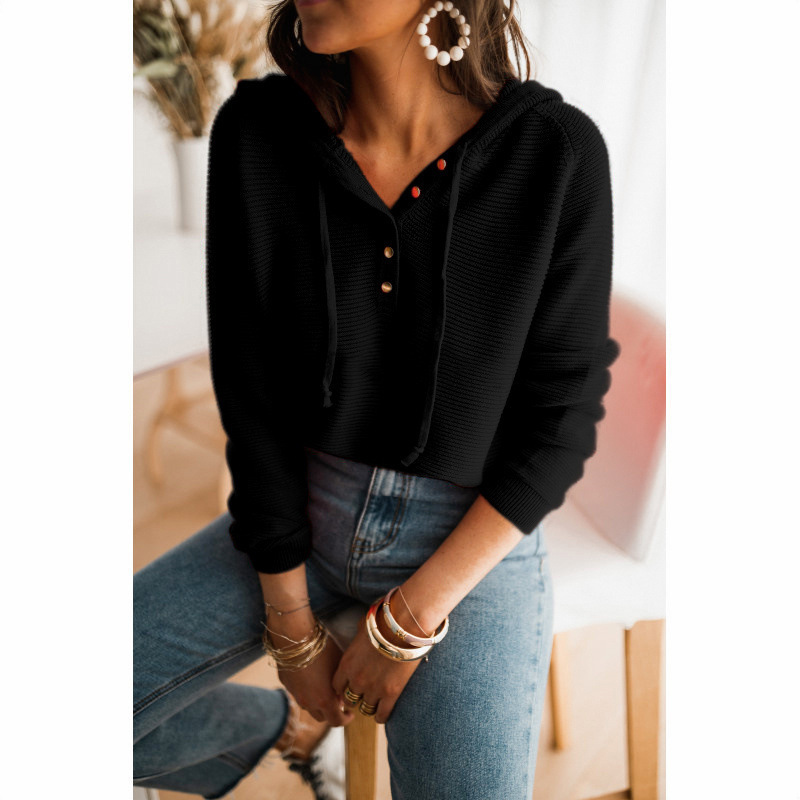 Haut à capuche tricot manches longues bouton col V - Chic&Shines