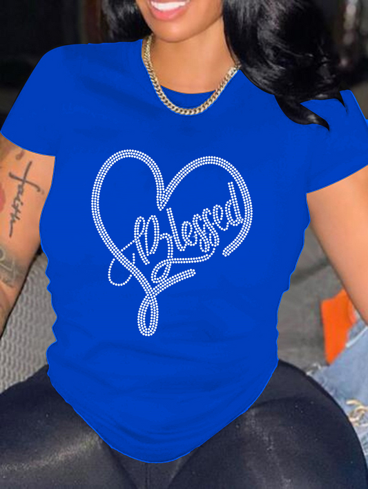 T-shirt col rond manches courtes graphique forme de cœur strass - Chic&Shines