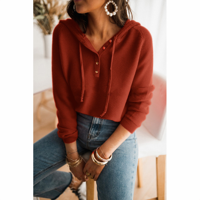 Haut à capuche tricot manches longues bouton col V - Chic&Shines